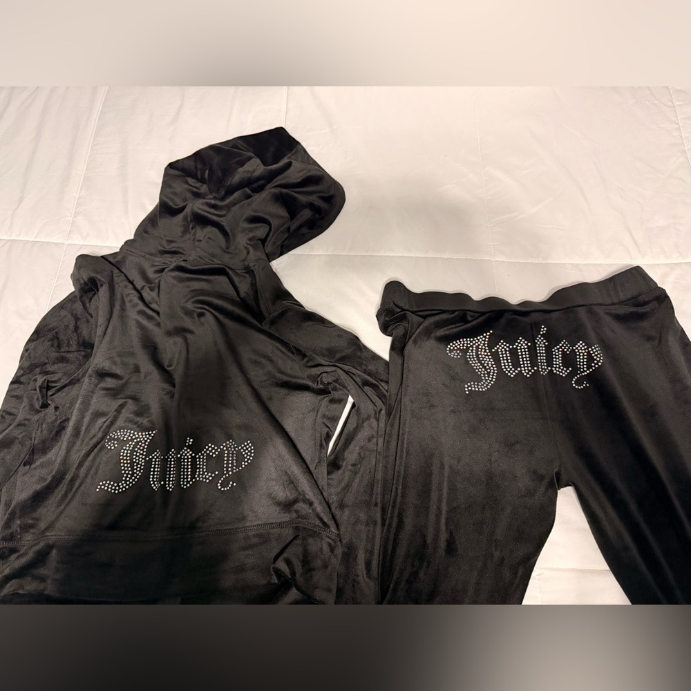Juicy Couture Velour Black Hoodie and Pants set with Pink Tag and Silver J Charm